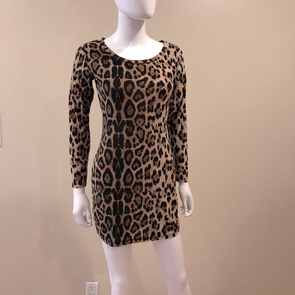 Leopard Cheetah Print Bodycon Mini Dress Size Small Brown Black Sexy Clubwear